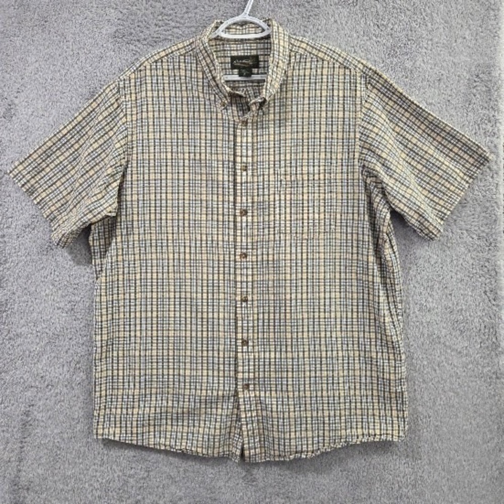 Eddie Bauer Button Down Shirt Men's XL Tall Taupe Blue Yellow Plaid Short Sleeve